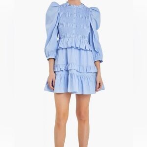 English Factory Smocked Balloon Sleeve Cotton Minidress- Size L